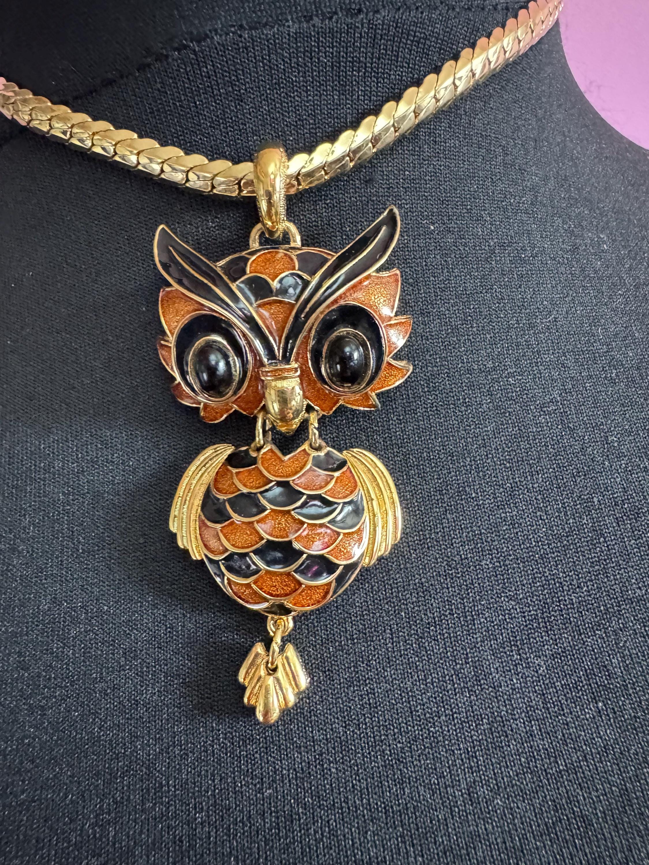 Owl Pendant Necklace: Vintage Dorlan Design - Gold Plated, Brown