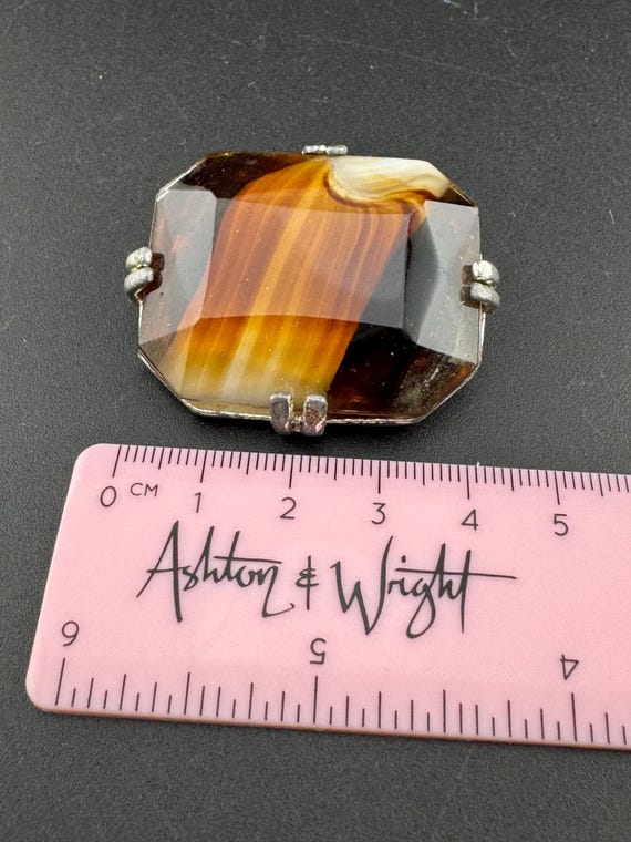 Gold tone rectangular brooch large brown faux mar… - image 4