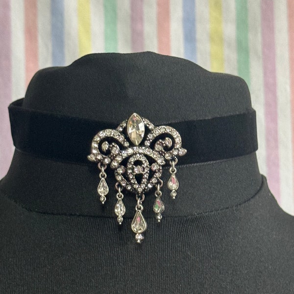 Black velvet choker necklace with clear diamanté slider retro old shop stock