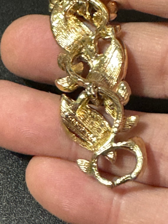 Signed Hollywood Vintage Panel Link Gold Tone Leaves Floral