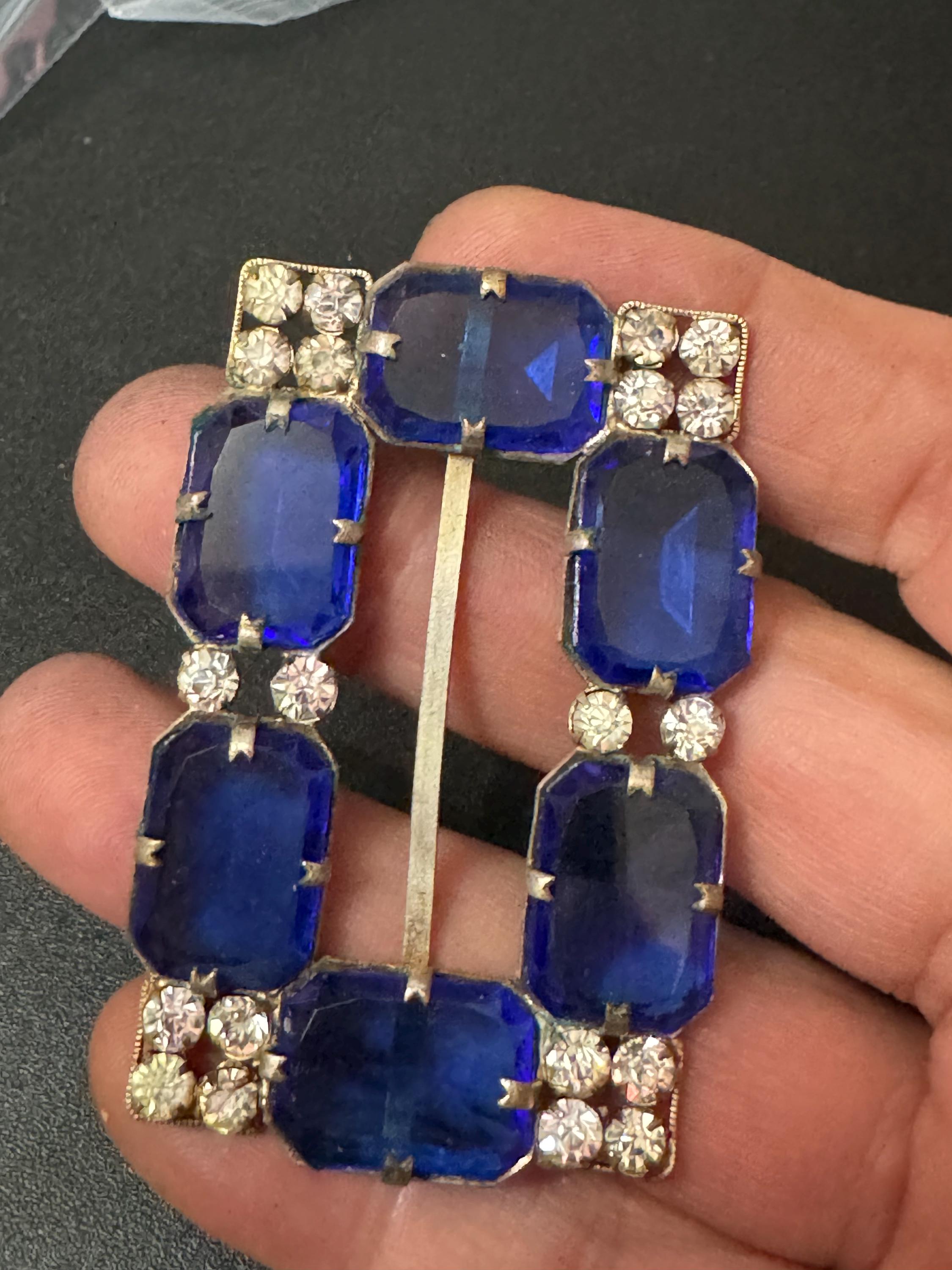 Clear & Sapphire Blue Glass Diamanté Belt Buckle, Large  display picture 3