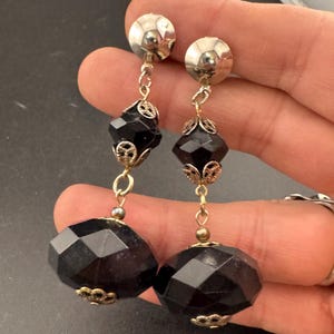 oversized Black plastic beaded pair dangly drop clip on earrings Vintage silver tone 6cm