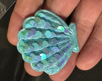 Türkis Pailletten Muschel Aufnäher: Nautische Applikation (4.5 cm x 5 cm)