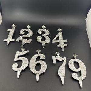 large birthday cake topper candle holders ages numbers, silver plastic  choice of 1,2,3,4,5,6,7,8,9