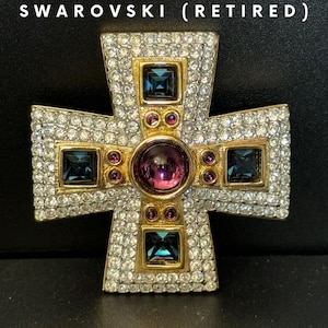 Rare retired Swan signed Swarovski crystal diamanté gold tone large Maltese cross brooch green purple clear stones