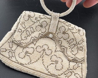 Art Deco Beaded, Cream Micro Beads - 1920S Clutch | Antique Evening Bag | Bridal Accessory
