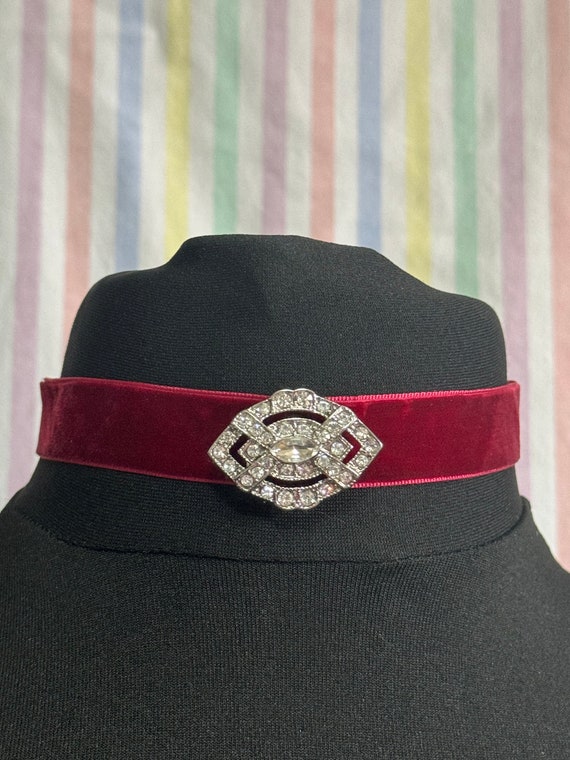 Berry dark red velvet choker necklace with clear … - image 1