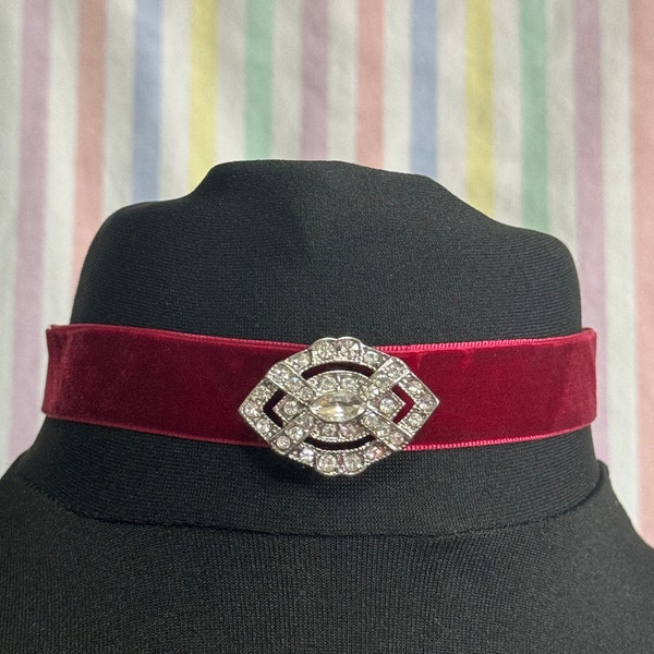 Berry dark red velvet choker necklace with clear diamanté slider retro old shop stock