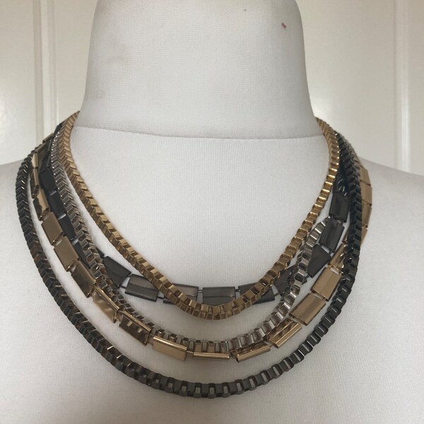 retro oversized box chain black gold tone 5 multi strand metal bib waterfall necklace