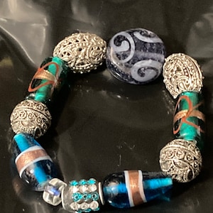 Blue Lampwork Beaded Stretch Bracelet with Silver Filigree