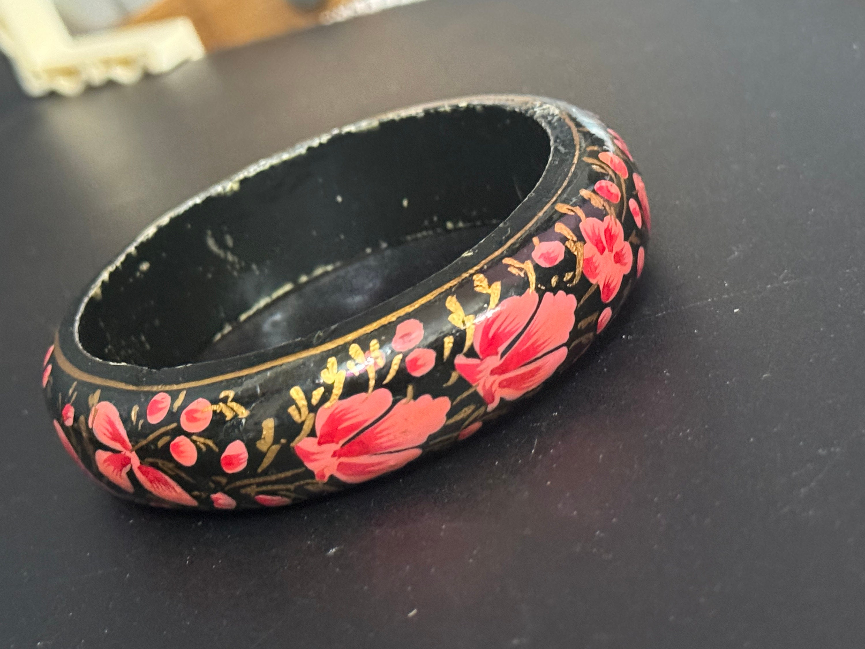 Vintage Chinese Oriental Wooden Hand Painted Lacquer Black