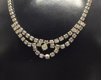 Vintage clear diamond diamanté necklace glass paste rhinestone crystal silver tone