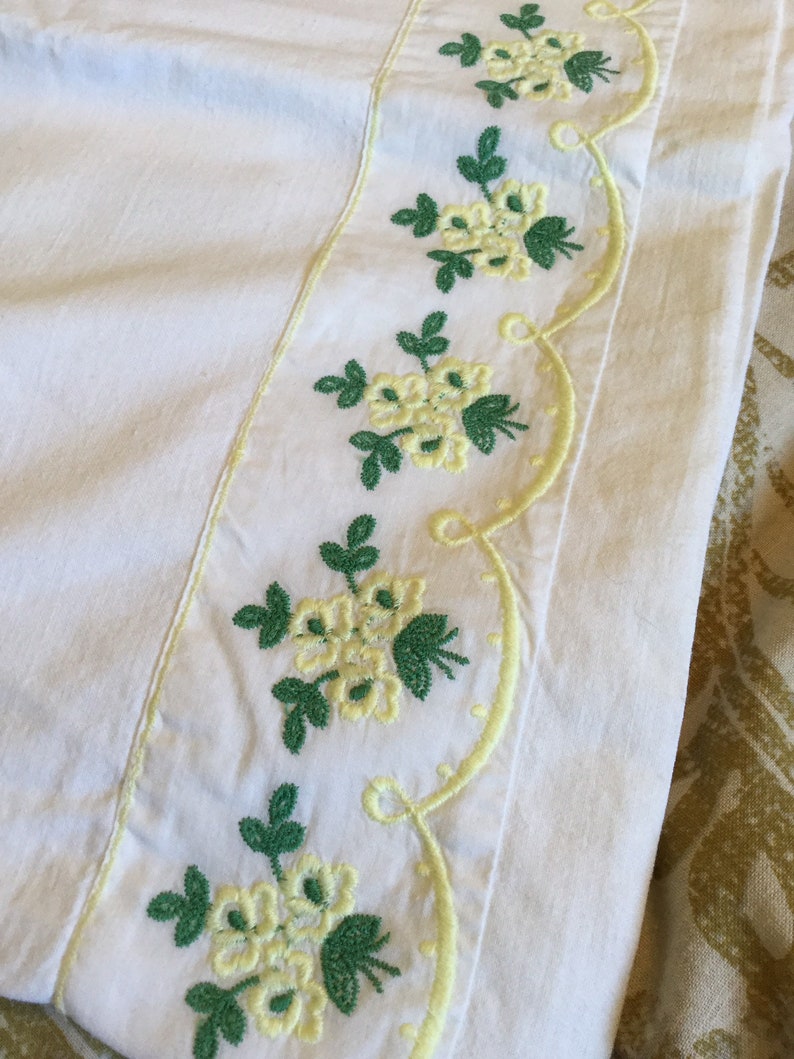 Pair 2 Chateau chic bedding decor pair of white cotton embroidered pillowcases with green yellow ditsy flowers roses 28 x 18 inches