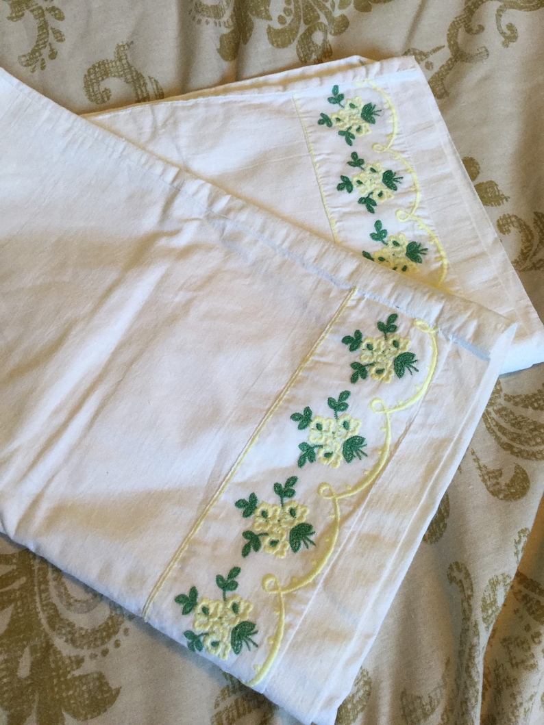 Pair 2 Chateau chic bedding decor pair of white cotton embroidered pillowcases with green yellow ditsy flowers roses 28 x 18 inches