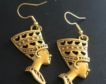 Egyptian Revival Earrings: Queen Nefertiti Design (Gold Tone, 5cm)