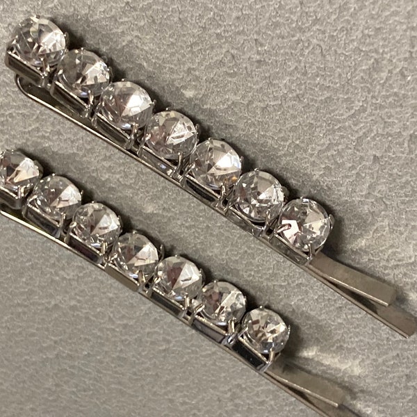 Two diamante silver tone rhinestone diamond hair slides bridal