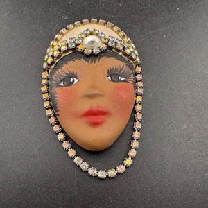 Signed Vintage porcelain rhinestone ceramic flapper face brooch: art deco lady pin