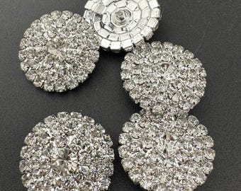 24mm Set of 5 round clear diamanté rhinestone low domed buttons silver tone