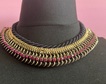 Retro bright pink Swarovski Crystal diamanté and black silk cord rose gold tone woven Egyptian choker collar necklace designer