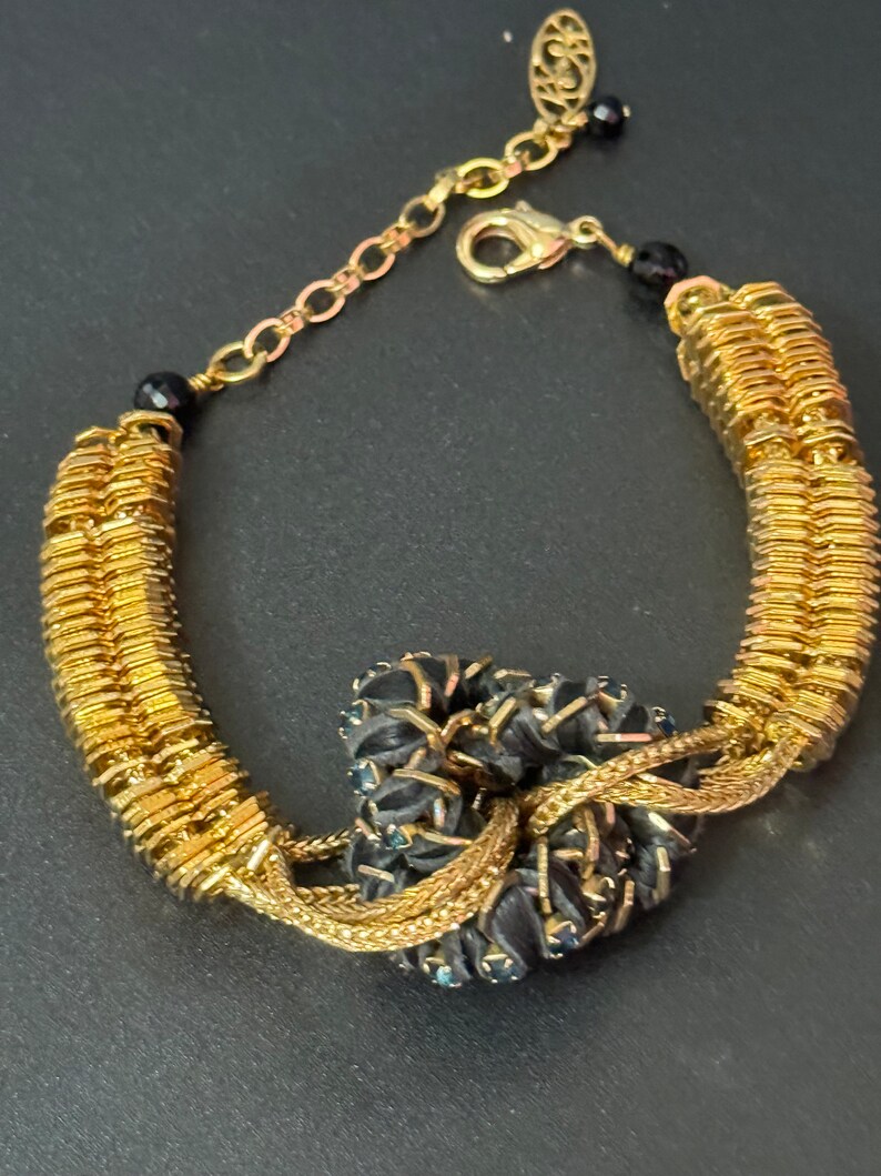 Retro black Swarovski Crystal silk cord gold tone cocktail knot bracelet designer image 1