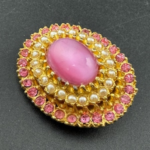 Vintage Art Deco pink satin glass cabochon rhinestone pearl oval Brooch
