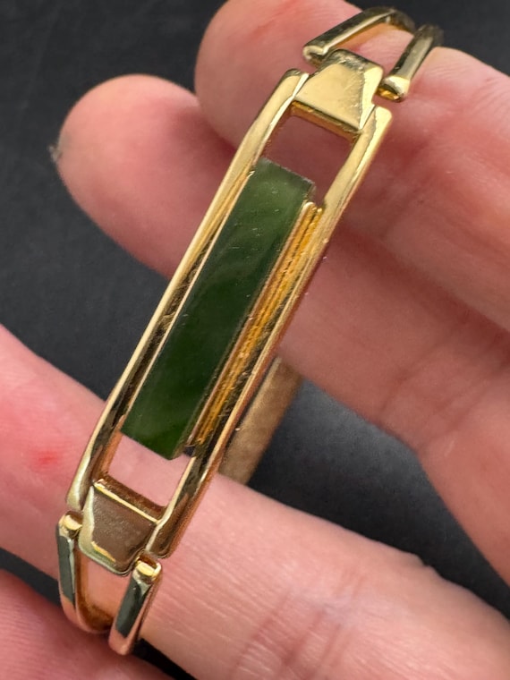Signed Avon, Vintage Green Jade Glass Bangle | Gold Tone | Hinged Bracelet | Layering Wear