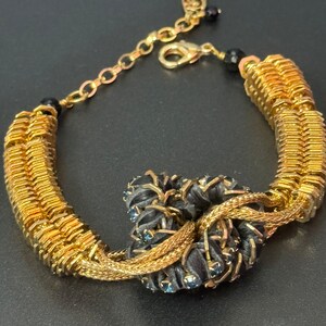 Retro black Swarovski Crystal silk cord gold tone cocktail knot bracelet designer image 2