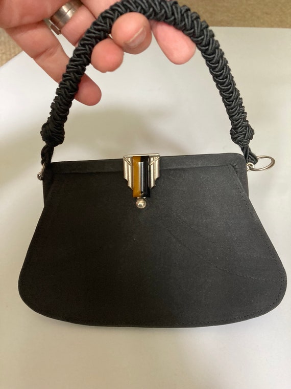 Vintage Art Deco black crepe Evening Bag Purse ge… - image 4