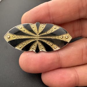 Art Deco Black Enamel Brooch: Gold Tone Diamanté Navette, Pierre Bex Style