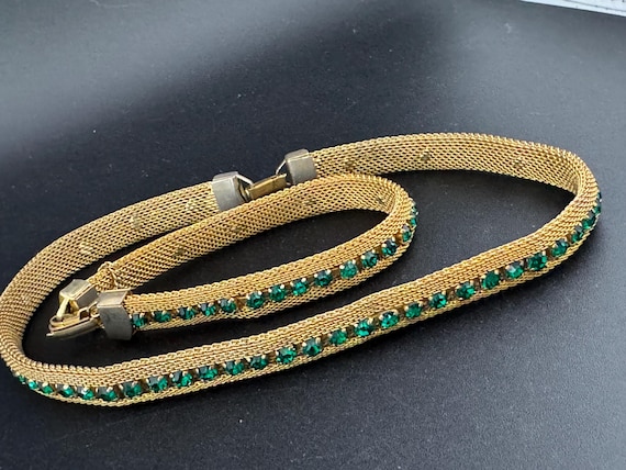 Emerald Necklace Set | Mesh Gold Choker, Bracelet | Vintage 1970S, Glass Paste | Mid Century Modern