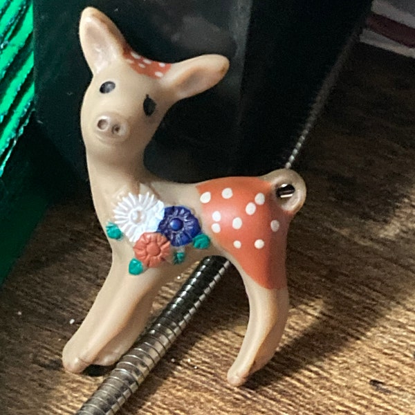 Vintage kitsch early plastic floral deer Fawn brooch alpine Austrian