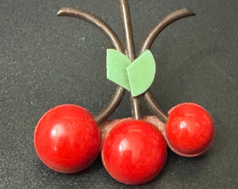 Vintage Stylish red green pair of cherries brooch early plastic