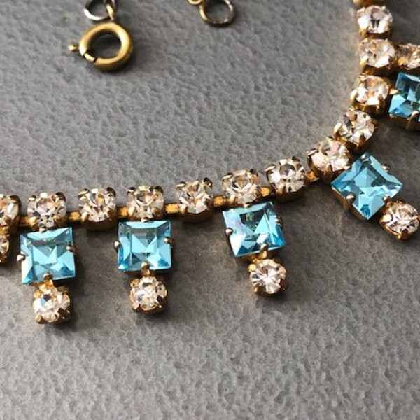 Turquoise Blue Sapphire Vintage diamanté glass rhinestone crystal necklace