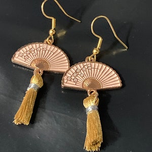 Japanese pink tassel fan earrings Vintage style gold tone Chinese pierced