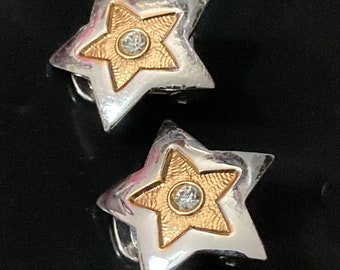 Signed BB beauty brass of Italy  gold and silver tone star Clip On Earrings diamanté