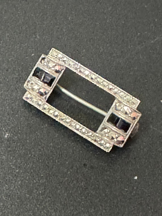 Vintage small Rectangular marcasite and black ony… - image 2