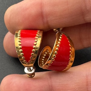 Vintage 18k Gold Plated Red Enamel Hoop Earrings