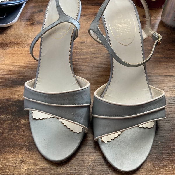 Retro St Michaels metallic grey silver 8cm high heeled peep toe ladies sandals marks and Spencer