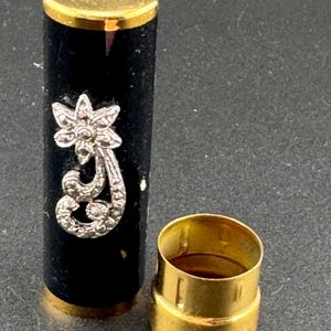 Vintage empty black enamel faux marcasite lipstick case, mid century cosmetics