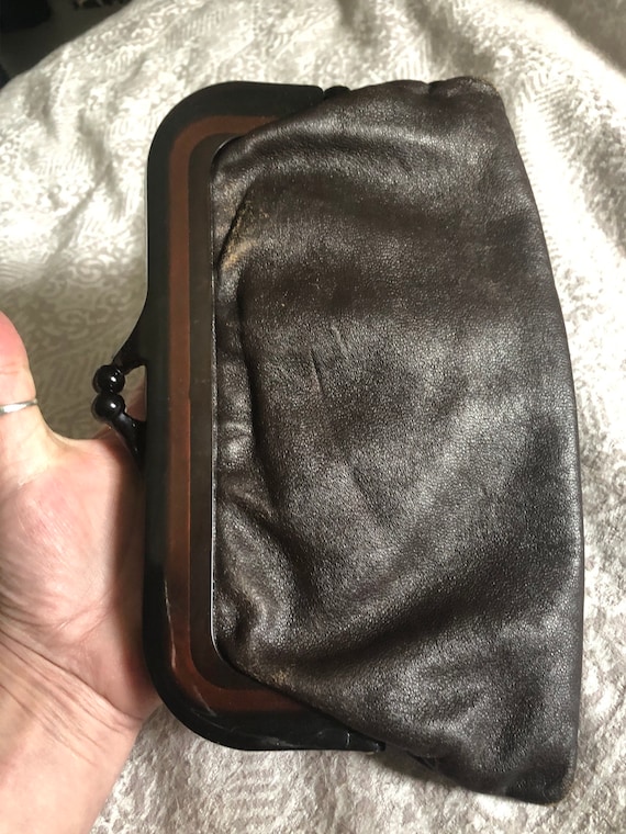 Vintage retro 1960s 1970s 1980s dark red genuine leather clutch bag purse handbag celluloid acrylic handles Italian  waterproof lining