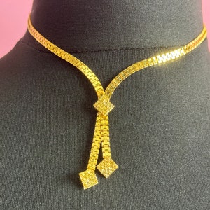 true Vintage pristine 1970s gold Tone fancy link chain  lariat crystal negligee drop necklace old shop stock