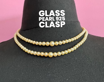 Pearl Necklace: Cream Glass Double Strand - Sterling Silver Clasp