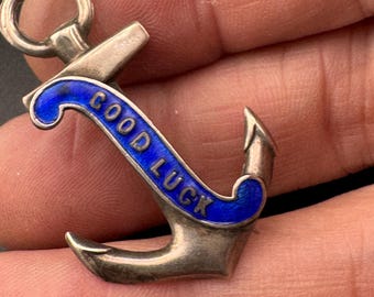 Broche de ancla de plata, esmalte azul victoriano / Plata de ley 925 / Broche de regalo náutico de buena suerte