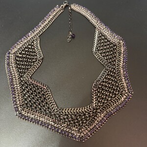 Retro deep purple Swarovski Crystal diamanté and dark grey silver tone chainmail wide choker necklace designer image 2