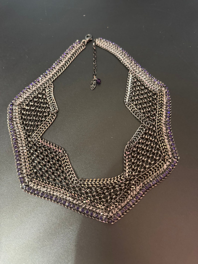 Retro deep purple Swarovski Crystal diamanté and dark grey silver tone chainmail wide choker necklace designer image 2