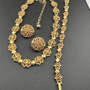 Signed Avon Vintage matt gold tone openwork medieval style collar necklace bracelet and Clip on earring matching set
