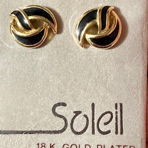 Designer Soliel black enamel pair small stud earrings pierced Vintage Gold tone