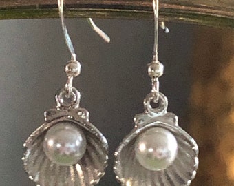Seaside Pearl Drop Earrings: Silver Shell Design, Handmade