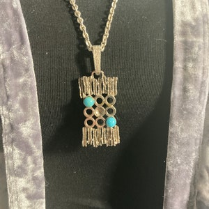 geometric steel abstract brutalist pendant turquoise blue cabochons on 75cm silver lightweight chain