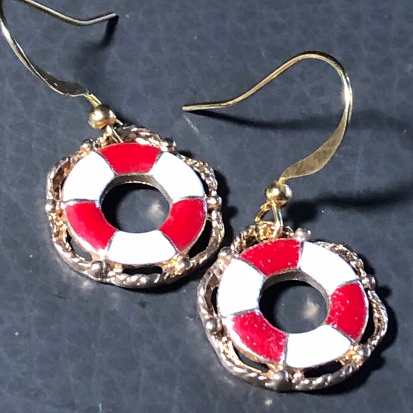 nautical red white enamel life ring bouy earrings small drops pierced gold tone